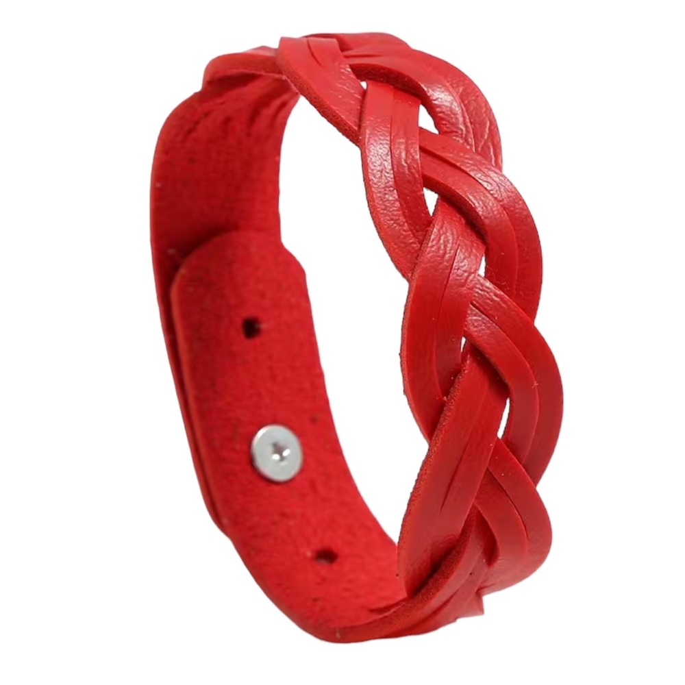 Red Braided Leather Button Snap Bracelet
